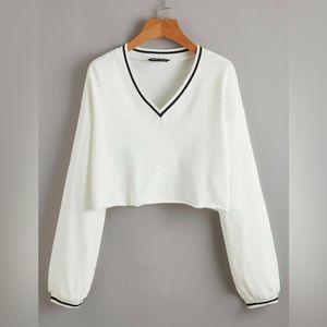 SHEIN Striped Trim Drop Shoulder Crop Pullover